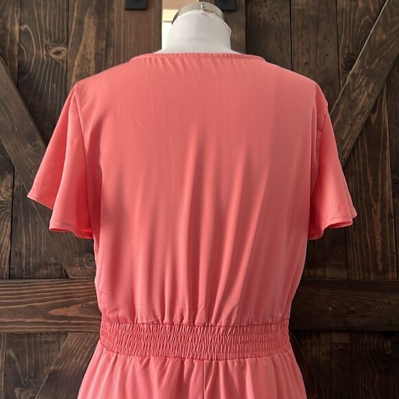 Satin V Neck Ruffle Short Sleeve Tie Front High Waist Midi A-Line Long D… - Picture 7 of 13